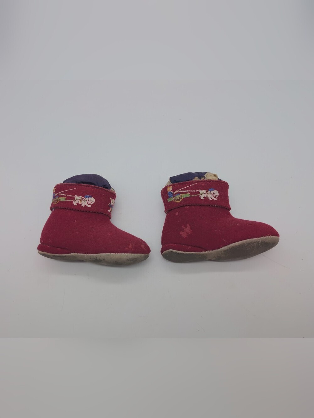 Vintage 1950s Red Wool Felt Baby Booties Novelty Kid Dog Pulling Cart Zipper Sli